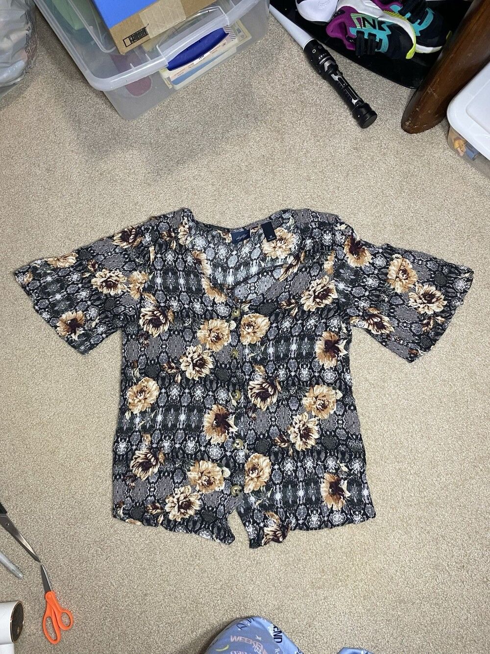 Daytrip Floral Snake Print Blouse Women M Button Up Long Sleeve Buckle Boho Top